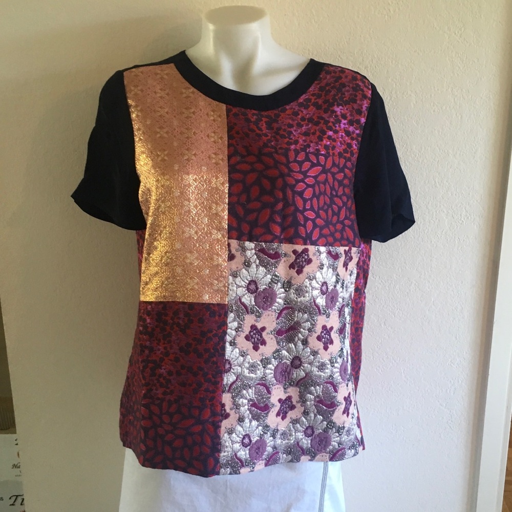 J. CREW Navy Patchwork Metallic Brocade Top Sz 12